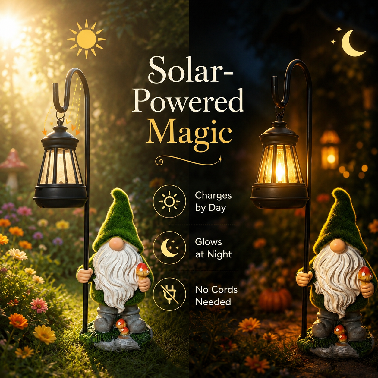 Solar powered garden gnome lantern charges by day and glows at night