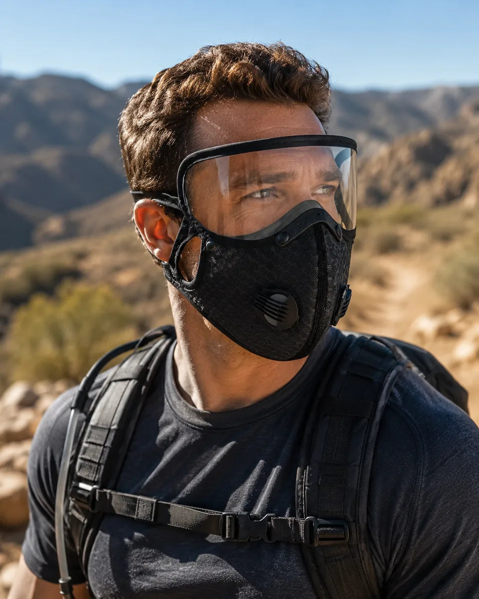 Hiker wearing protective mask on dusty trail