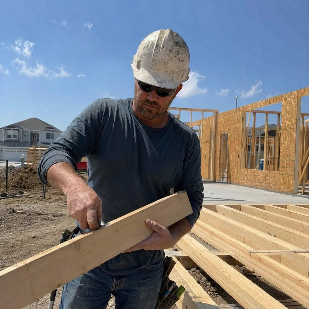 White male worker shaping construction materials at a jobsite