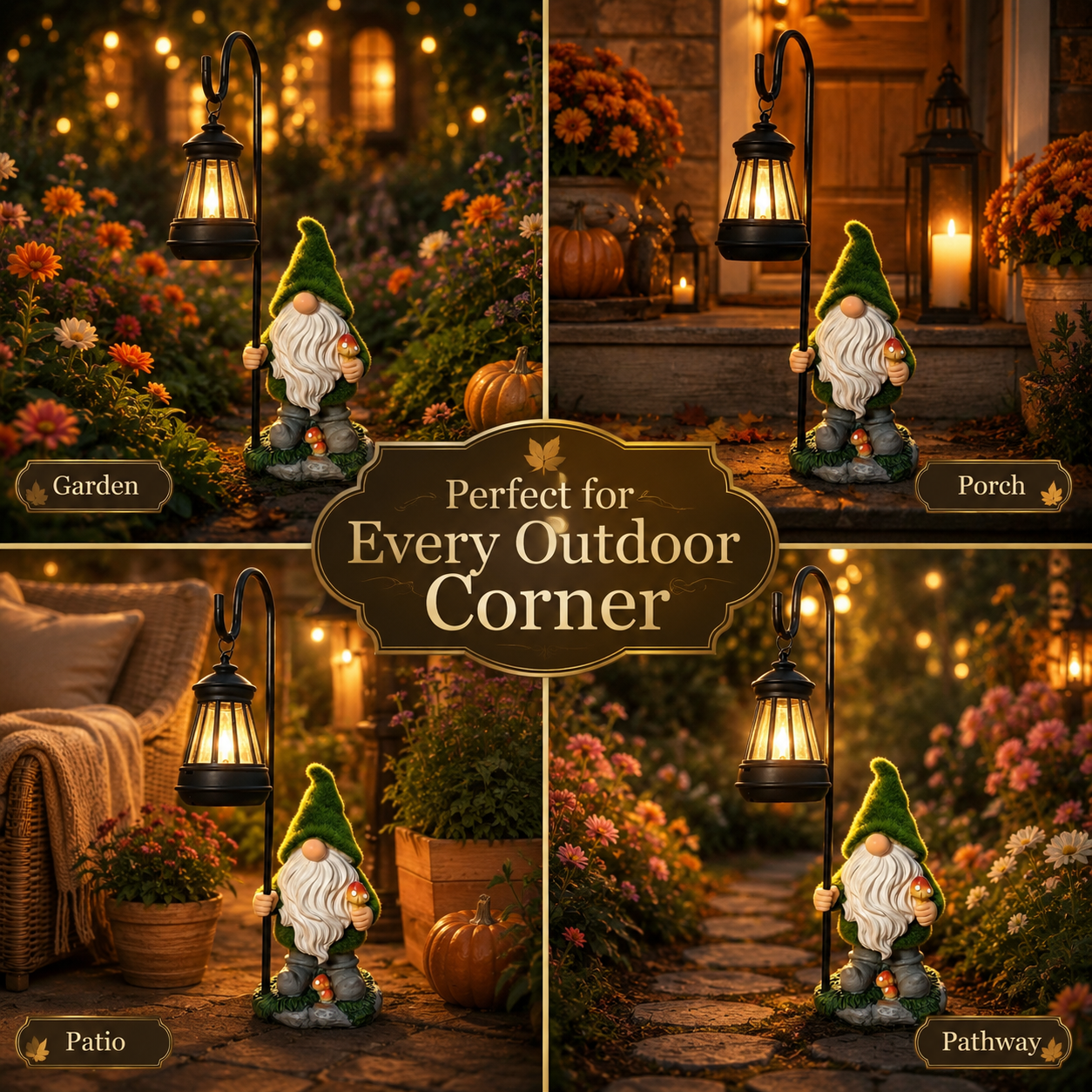 Garden porch patio and pathway scenes with solar gnome lantern