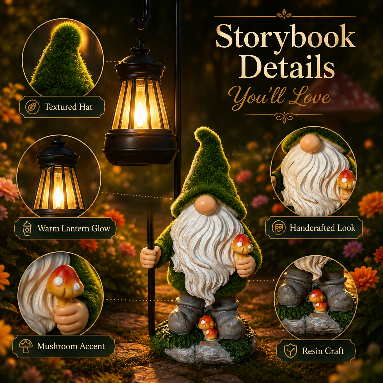 Storybook product details of garden gnome lantern