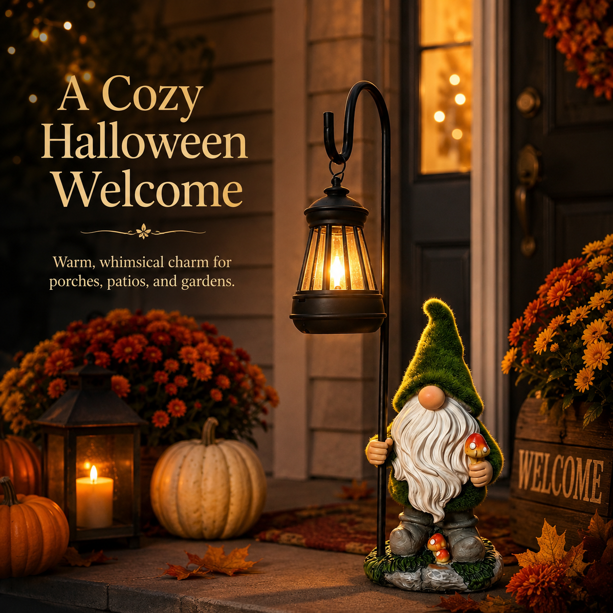 Cozy Halloween porch with glowing gnome lantern