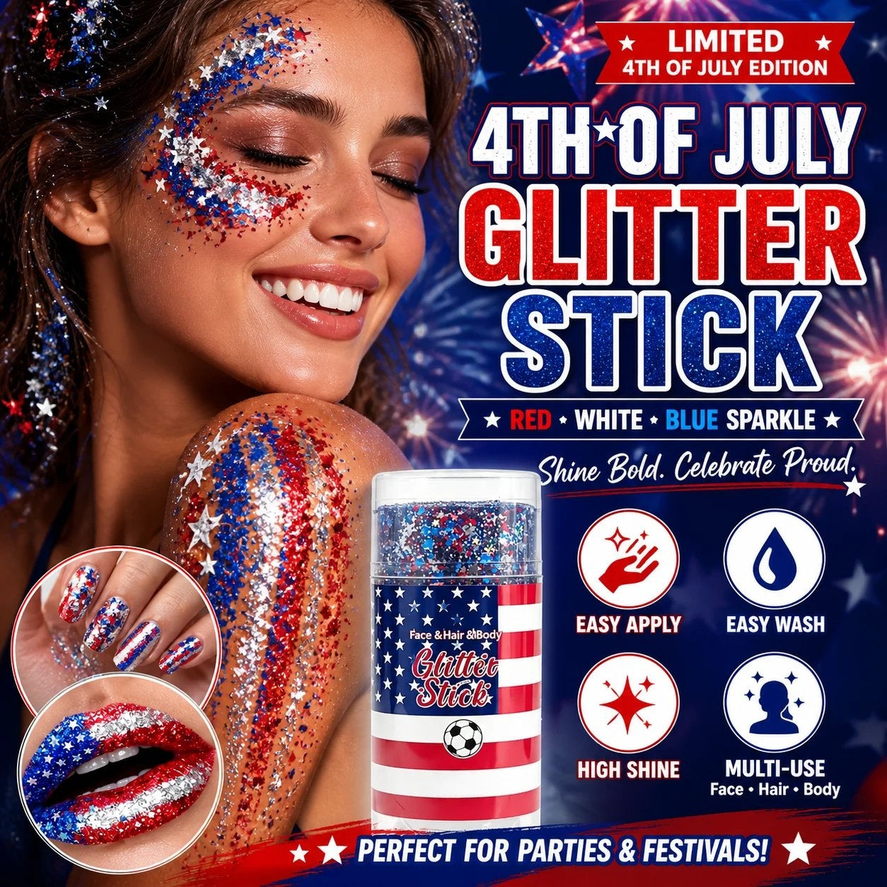 🦅4th of July Glitter Stick✨Red, White & Blue Body & Hair Sparkle.-ZDJ