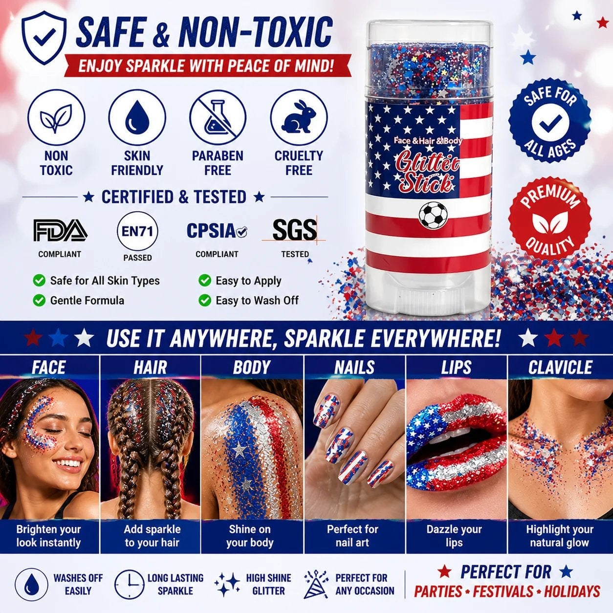 🦅4th of July Glitter Stick✨Red, White & Blue Body & Hair Sparkle.-ZDJ
