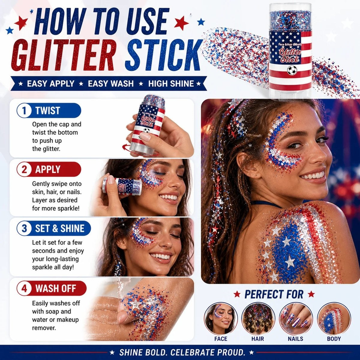 🦅4th of July Glitter Stick✨Red, White & Blue Body & Hair Sparkle.-ZDJ