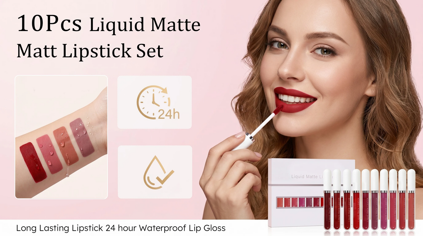 2026 Hot 49% OFF💖10Pcs Liquid Matte Matt Lipstick Set, Long Lasting Lipstick 24 hour Waterproof Lip Gloss-WL