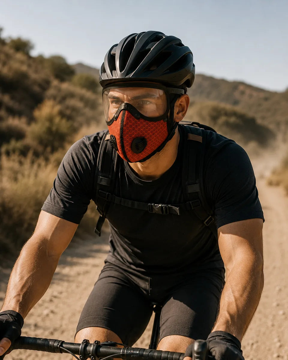 Cyclist wearing protective mask on dusty trail