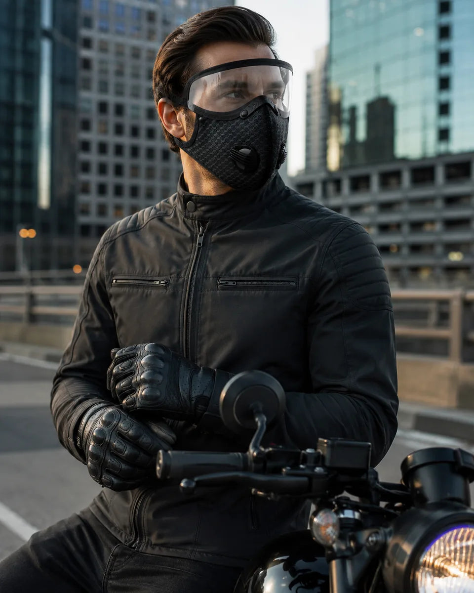 Motorcycle rider wearing protective mask