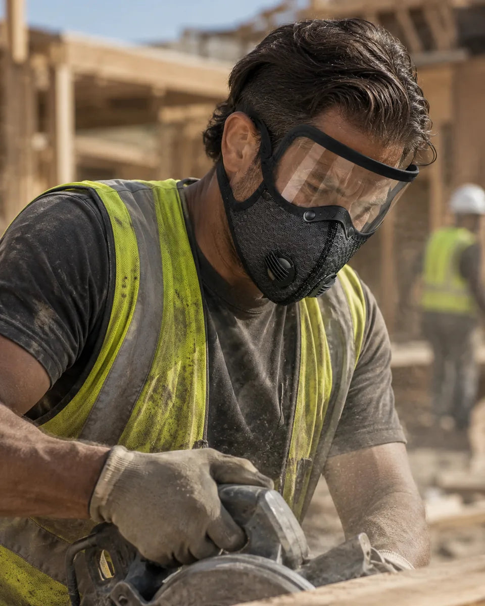 Construction worker wearing protective mask