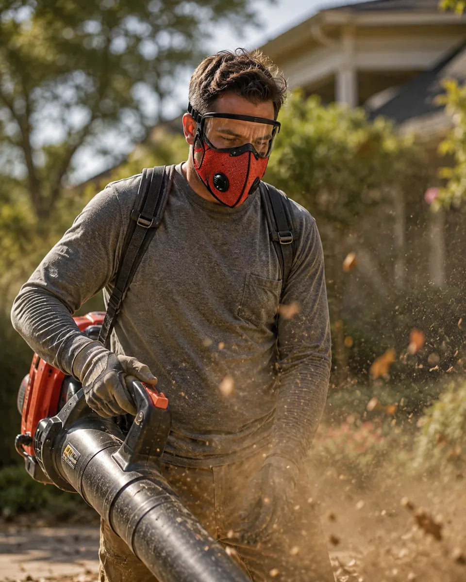 Yard worker using leaf blower wearing protective mask