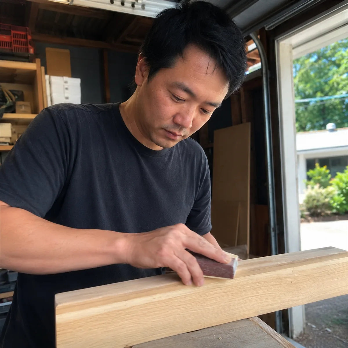 Asian male working on a woodworking project in a bright home workshop
